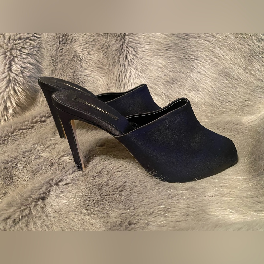 Zara Black Satin Mule Heels